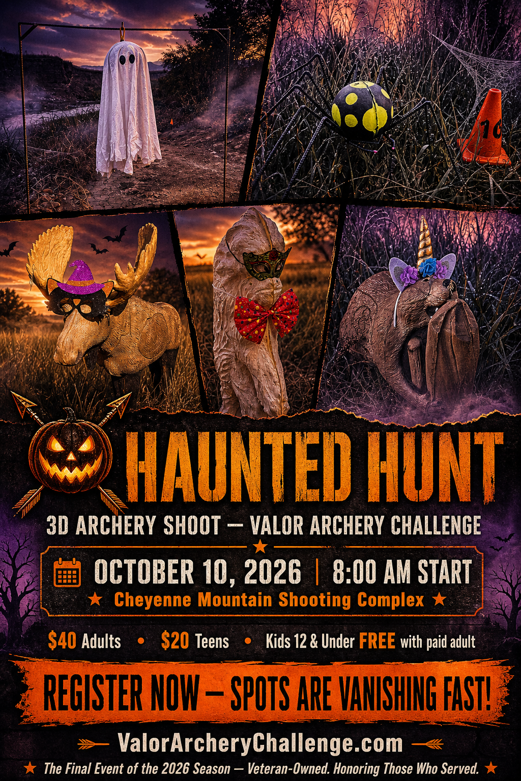 Valor Archery Challenge flyer: Aug 8th, 2026, Colorado Springs. 3D archery with moving targets and prizes.