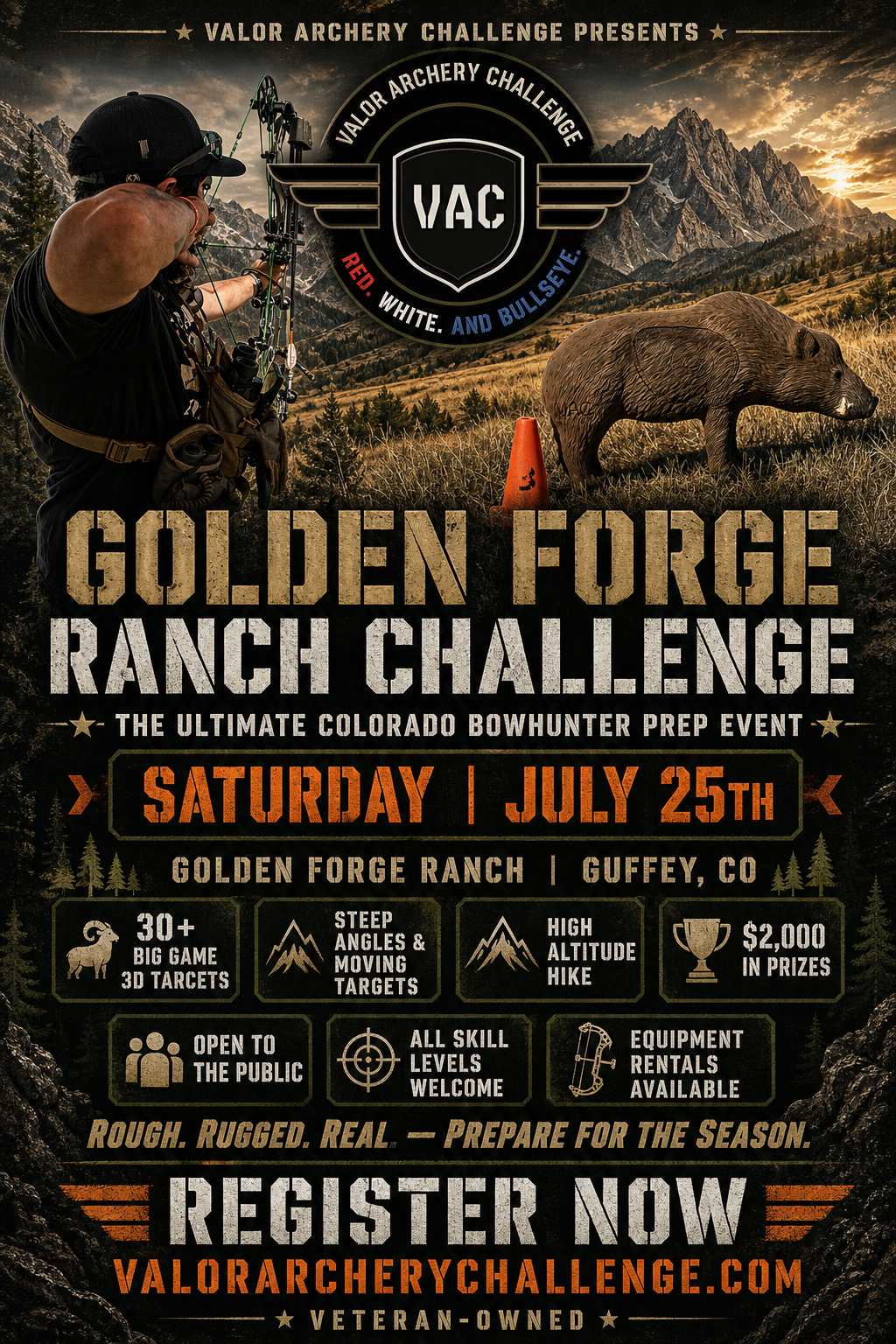 Valor Archery Challenge flyer: July 25th, 2026, Colorado Springs. 3D archery with moving targets and prizes.