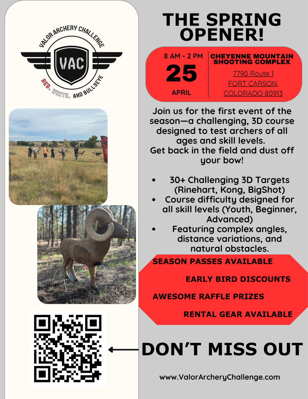 Valor Archery Challenge flyer: April 25th, 2026, Colorado Springs. 3D archery with moving targets and prizes.