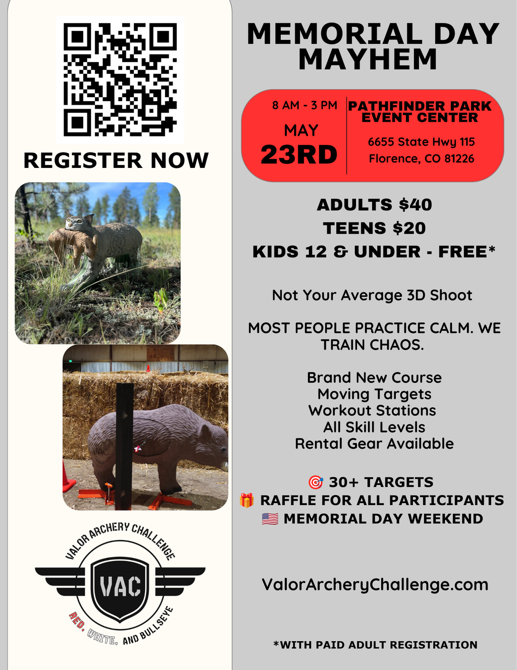Valor Archery Challenge flyer: May 23rd, 2026, Colorado Springs. 3D archery with moving targets and prizes.
